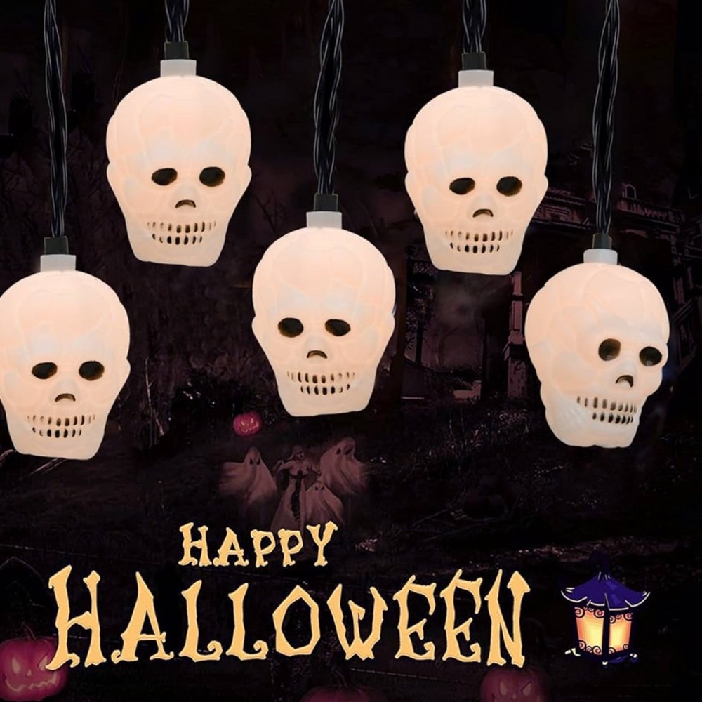 💀Set of 2 Spooky Village Spooky Sparkle LED Skull Lights💀 Battery Operated NEW